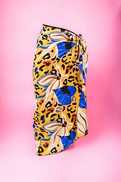 pistore Yellow Blue Flower and Leopard Print Long Pareo Satin No Inner Display Women's Beach Dress New Season