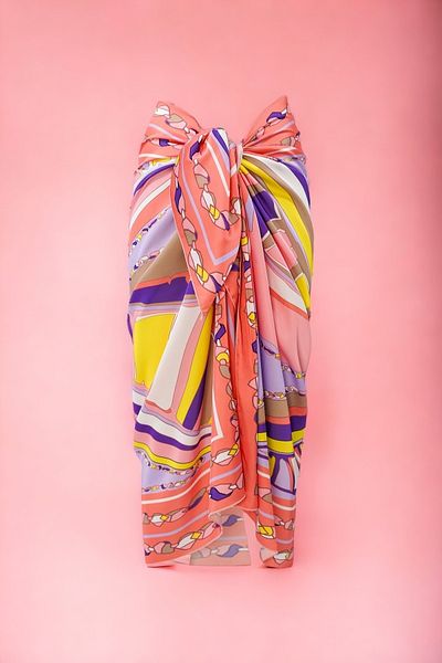 pistore Custom Purple Yellow and Salmon Patterned Short Pareo Satin Women's Beach Dress New Season