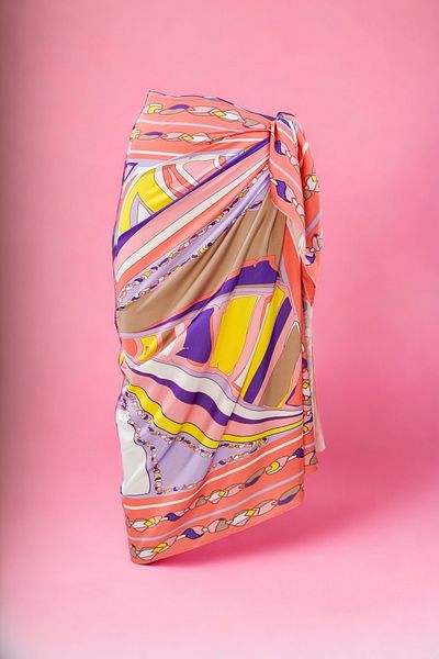 pistore Custom Purple Yellow and Salmon Patterned Short Pareo Satin Women's Beach Dress New Season