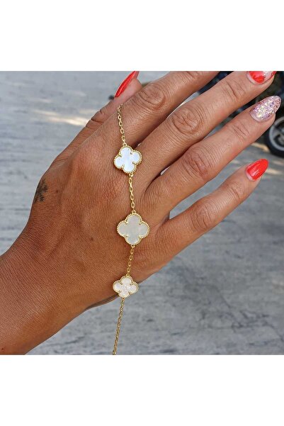 Ay Gümüş Kadın 925 Ayar Gümüş Gold Sedef Vankilif Yonca Bileklik