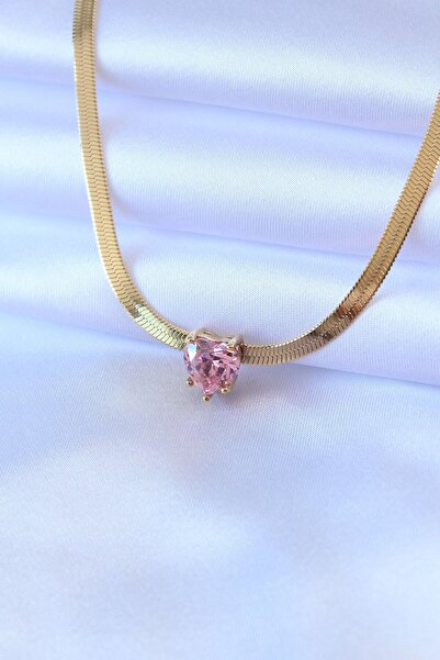 modalem 316L Steel Gold Color Italian Chain Model Pink Crystal Heart Figure Women's Necklace