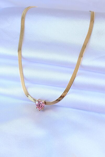 modalem 316L Steel Gold Color Italian Chain Model Pink Crystal Heart Figure Women's Necklace