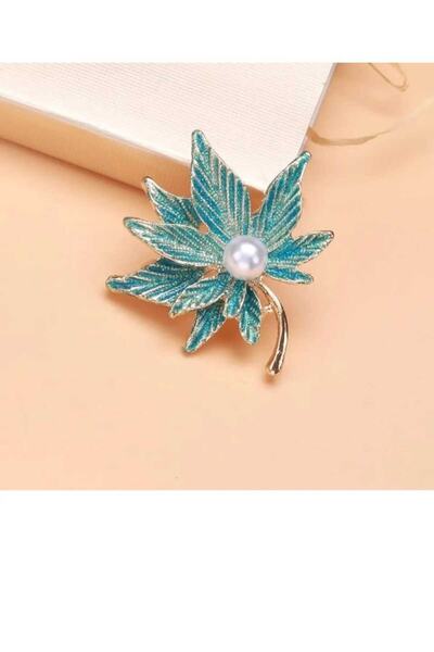 ESJ Inci Detaylı Yeşil Yaprak Akçaağaç Kadın Broş Ebat: 4*4,5 Cm