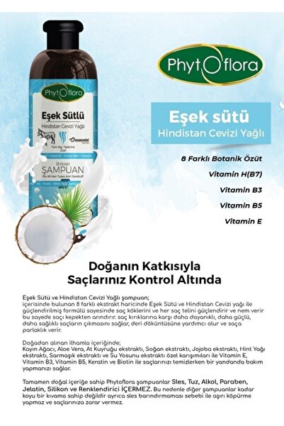 Phytoflora Kepek Karşıtı Tuzsuz Eşek Sütü Ve Hindistan Cevizi Yağlı Bitkisel Şampuan