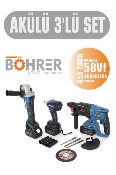 BÖHRER 3’lü 258Vf 5Ah Şarjlı Kırıcı Delici -Taşlama -Vidalama +3 Batarya +1 Ş...