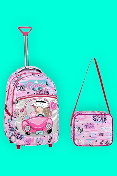 Uniquerrs حقيبة مدرسية بنمط سيارة وردية اللون للفتيات مكونة من قطعتين