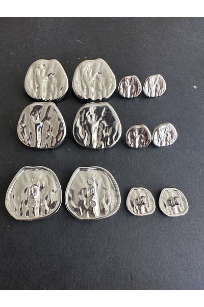 aensia Silver Silver Crinkle Curved Design Button Metal Button - Pack of 12 (6 Large+6 Small)