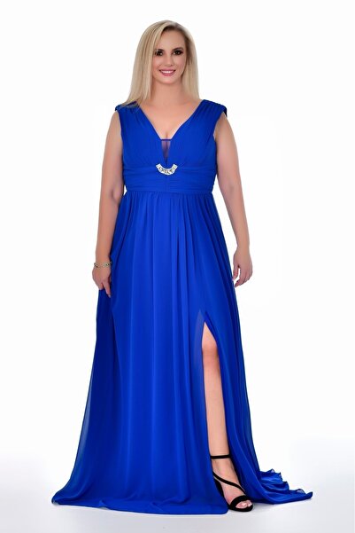 Kulis Saks Mavi V Yaka Kolsuz Drapeli Yırtmaçlı Şifon Abiye