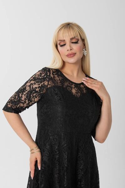 ModaSehle Large Size Lined Lace Fabric Short Sleeve Midi Length Black Dress