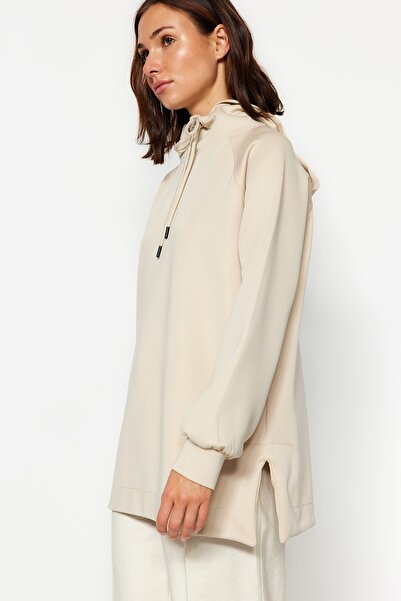 Trendyol Modest Κρεμ με κουκούλα Diver/Scuba πλεκτό φούτερ TCTAW24TW00002