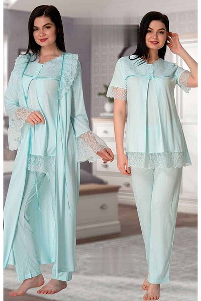 BLACKMORE Set de pijamale din 3 piese pentru maternitate, albastru, cu dantelă specială