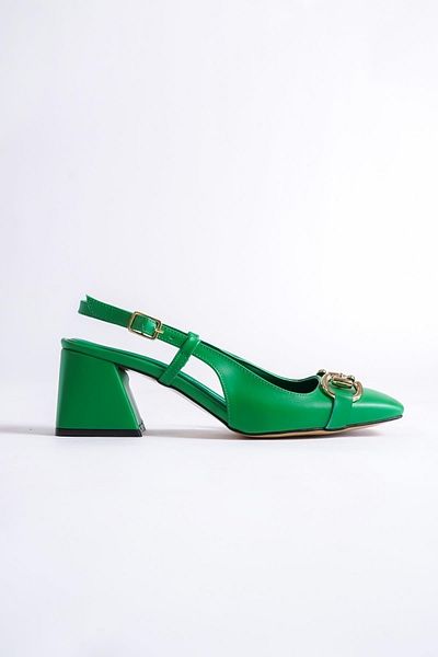 Modabuymus Genoa Green Blunt Toe Buckle Open Back Thick Heeled Shoes