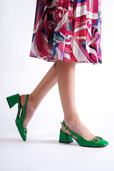 Modabuymus Genoa Green Blunt Toe Buckle Open Back Thick Heeled Shoes