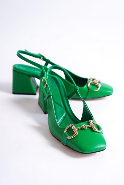 Modabuymus Genoa Green Blunt Toe Buckle Open Back Thick Heeled Shoes