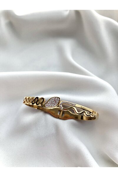 sheyajewellery Kadın Taşlı Gold Kelepçe Çelik Bileklik