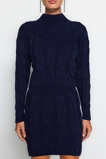 Trendyol Collection Sötétkék Crop állvány gallér szoknyával kötöttáru alsó felső szett TWOAW24AU00049