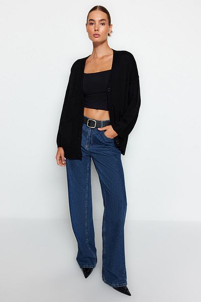 Trendyol Collection Černý Wide Fit Midi Basic pletený Cardigan TWOAW23HI00105