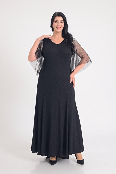 SpringStore Siyah Mendil Kol Simli Abiye Elbise