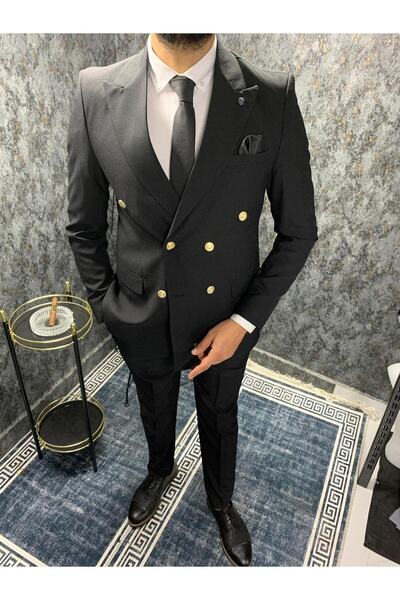 Erkek Siyah Slimfit Kruvaze Takım Elbise