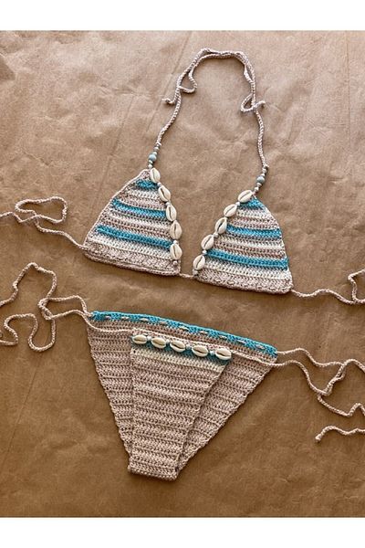 scyllastore Saylor Natural Seashell and Bead Detailed Special Design Striped Bikini Set