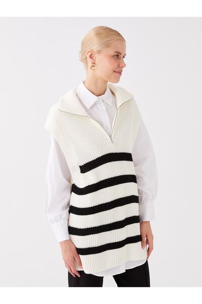 LC Waikiki Gestreifter Oversize-Strickpullover für Damen mit hohem Kragen