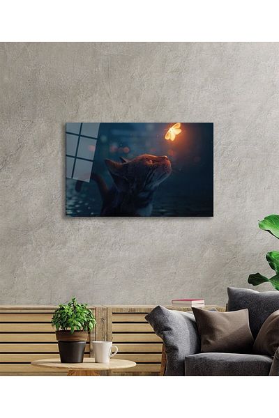 Rosyvien Pictură abstractă din sticlă cu pisică și fluture, cadou pentru decorarea peretelui pentru acasă și birou, sticlă temperată durabilă de 4 mm