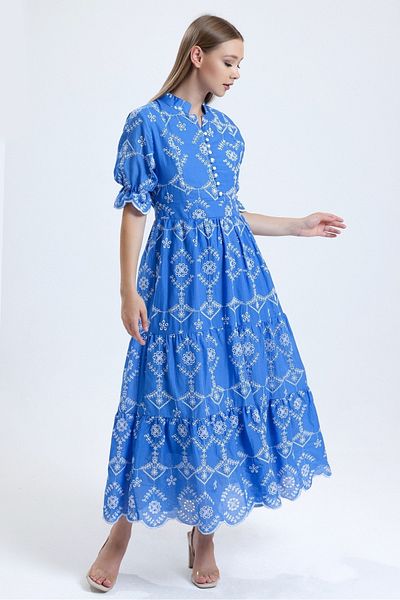 MD trend Women's Blue Full Collar Lined Buttoned Short Sleeve Long Scallop Dress