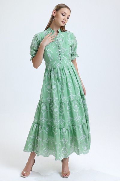 MD trend Women's Mint Green Judge Collar Lined Buttoned Short Sleeve Long Scallop Dress