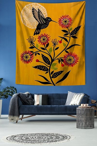 on the clouds Hummingbird Daisy and Moon Stain Resistant Fabric Wall Cover Wall Carpet Tapestry
