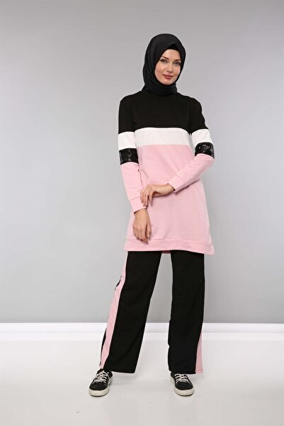 moda periy kadın modest rahat Eşofman takımı Pul Payet Detaylı 2 iplik tunik pantolon tesettür ikili Takım