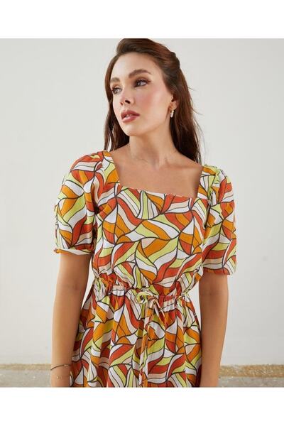 ZY BUTİK TURUNCU-YEŞİL KARE YAKA KISA KOLLU ETNİK DESENLİ KETEN ELBİSE