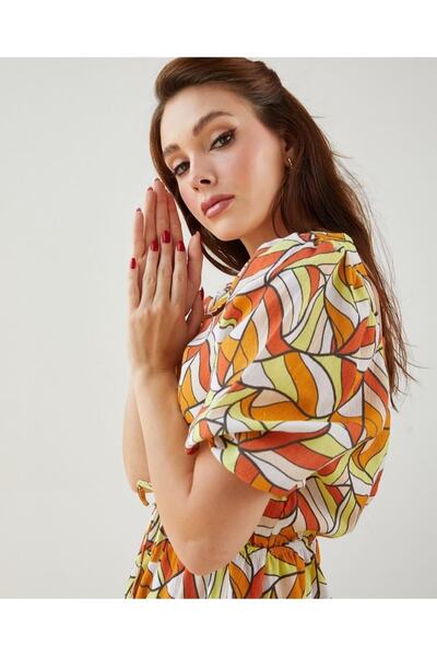 ZY BUTİK TURUNCU-YEŞİL KARE YAKA KISA KOLLU ETNİK DESENLİ KETEN ELBİSE
