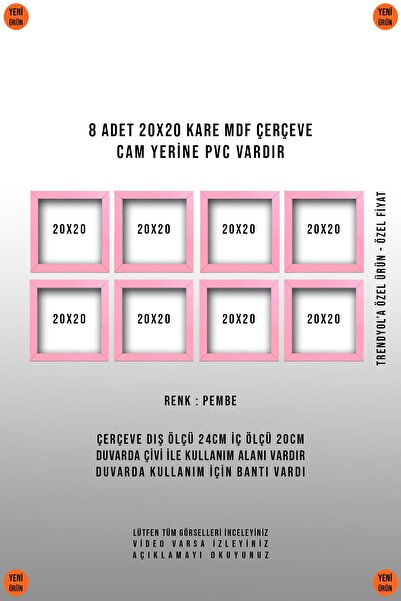 yhfoto 8 KOMADA KVADRATNOG RAZVOJA 20X20 U RUŽIČASTOJ BOJI - MDF OKVIR