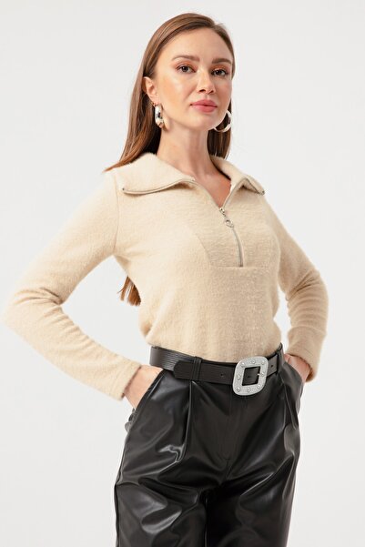 Lafaba Pulover de damă cu guler bej cu fermoar
