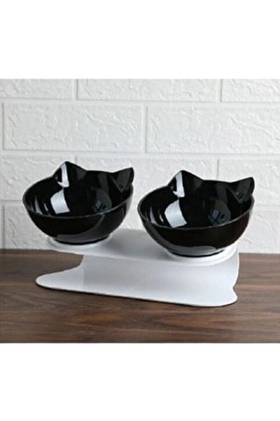 TİNEKE Cat Head Food Bowl with Stand 2 pcs Black