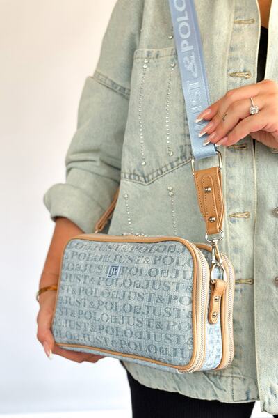 Just Polo حقيبة كتف نسائية كاجوال بحزام منسوج من القطن متوسطة الحجم مكونة من 5 أقسام 4023 جينز مفتوح