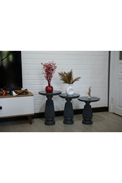 Simillo Home&Living Ahşap 3’lü Set Fitilli Mantar Yan Sehpa / Antrasit Renk /...