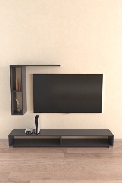Hediyeler Kapında Antrasit 180 cm Dekoratif Raflı Tv Ünitesi Seti