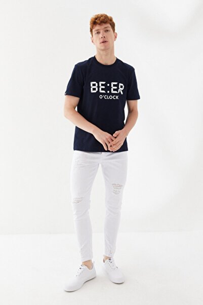 Beer OClock Baskılı Bisiklet Yaka Regular Fit Tişört Lacivert