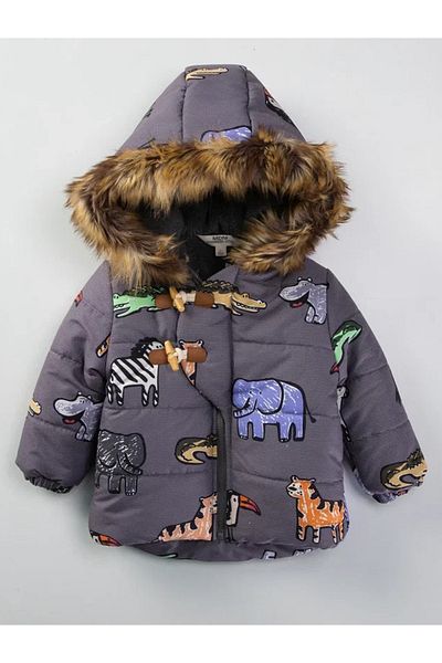 Midimod Gold 1-5 Years Thick Inside Fleece Coat Animal Patterned Boys' Coat