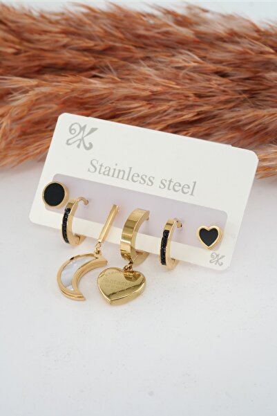 By Zeyna Aksesuar Women's 316l Stainless Steel Set of 6 Heart Shaped Steel Ea...