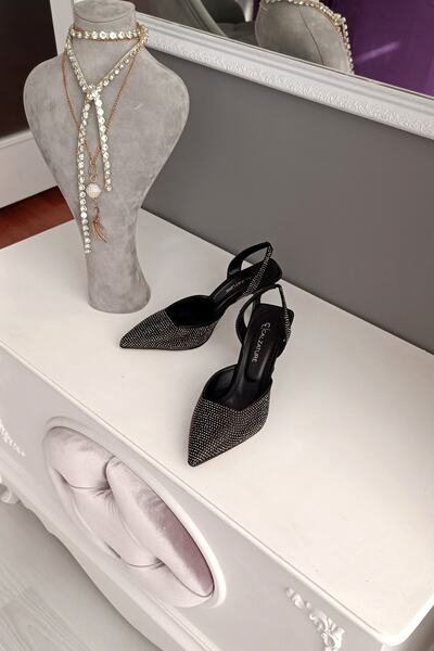 LA CALZATURE كعب الساتان الأسود حجر البلاتين 9 سم أحذية نسائية خنجر مطاطا مرة...