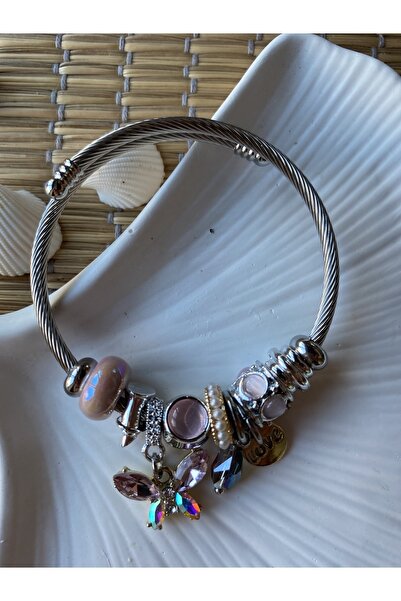 Jeros Accessories سوار من الفولاذ مع سحر الفراشة الوردية