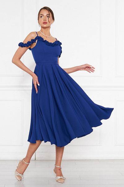 NO48 Sax Blue Hanging Neck Ruffle Detail Off-Shoulder Woven Draped Fabric Midi Length Graduation And Evening Dress