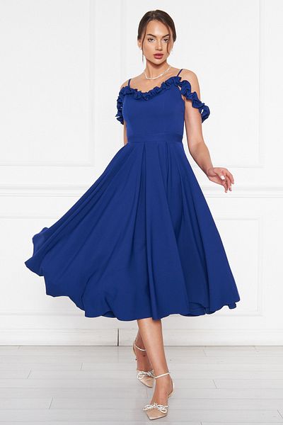 NO48 Sax Blue Hanging Neck Ruffle Detail Off-Shoulder Woven Draped Fabric Midi Length Graduation And Evening Dress