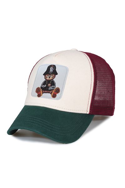 Trucker Bear 1 Black Model Mesh Hat - Replaceable Leather Patch - Cotton - Unisex - Green Stone Claret Red