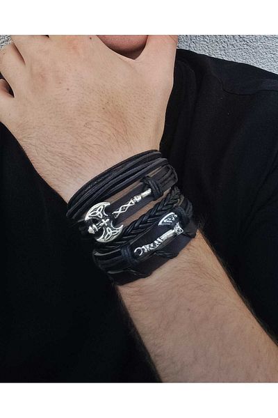 BSN Store Viking Thor Scandinavian Double Axe Figured 5-piece Genuine Leather Bracelet