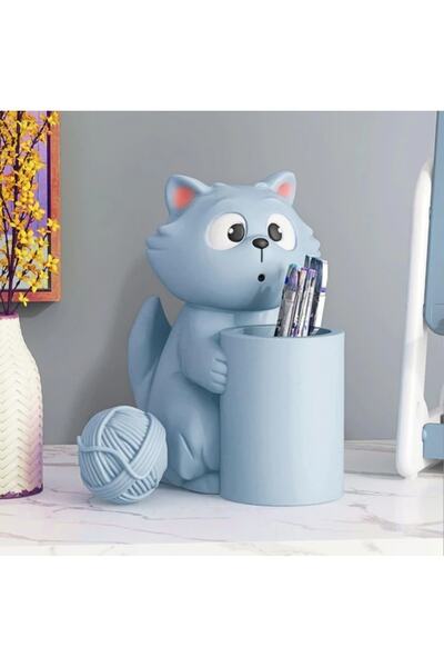 Genel Markalar Mavi Sevimli Şaşkın Kedicik Dekoratif Masa Üstü Kalemlik, Maky...
