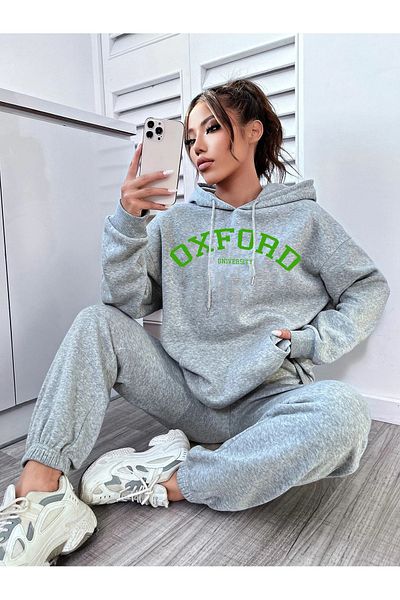 MODARİCH Σετ αθλητική φόρμα Oxford Hooded Combination Bottom Top - Γκρι εμπριμέ λαστιχένιο πόδι μεγάλου μεγέθους
