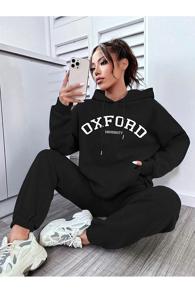 MODARİCH Oxford Hooded Combination Bottom-Top Tracksuit Set - Black Printed Oversize Elastic Legs